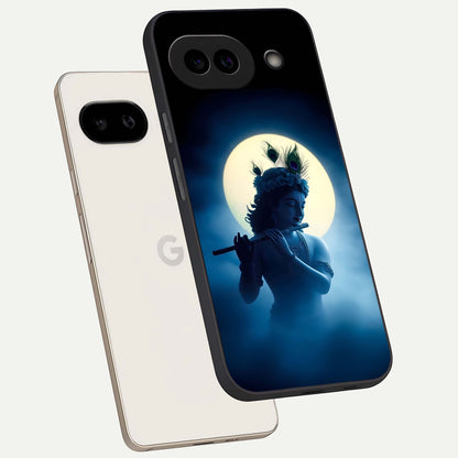  Divine Moon Flute phone case For Google Pixel 9A showing premium glass back cover with detailed artwork