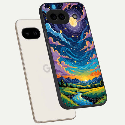  Dreamy Night Landscape phone case For Google Pixel 9A showing premium glass back cover with detailed artwork