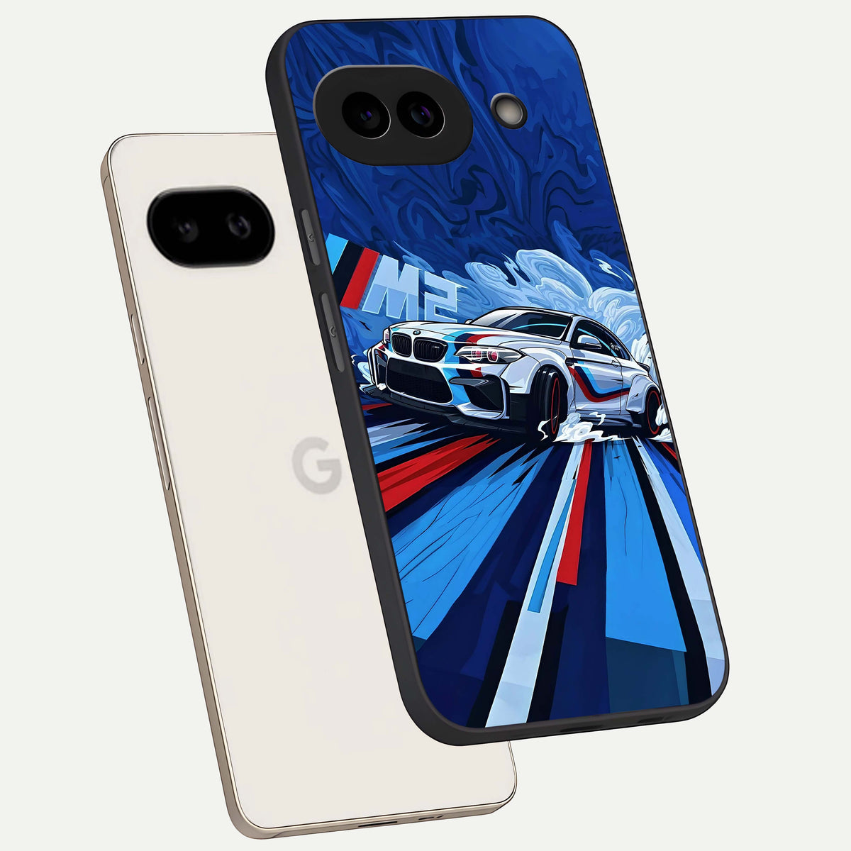  Drift Power Rush phone case For Google Pixel 9A showing premium glass back cover with detailed artwork