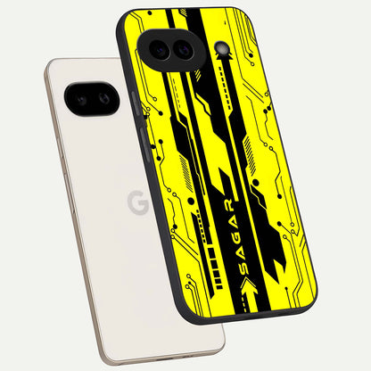  Electric Pulse CYBERPUNK Custom Name phone case For Google Pixel 9A showing premium glass back cover with detailed artwork