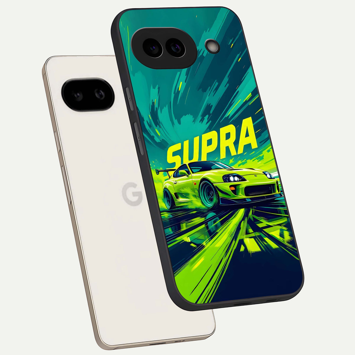  Electric Supra Thunder phone case For Google Pixel 9A showing premium glass back cover with detailed artwork