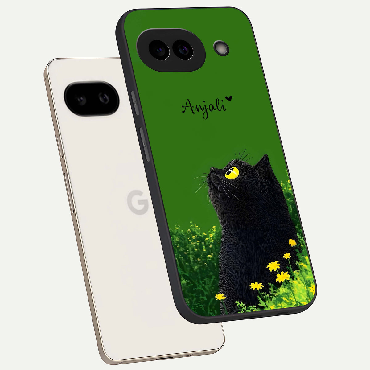  Emerald Cat Custom Name phone case For Google Pixel 9A showing premium glass back cover with detailed artwork