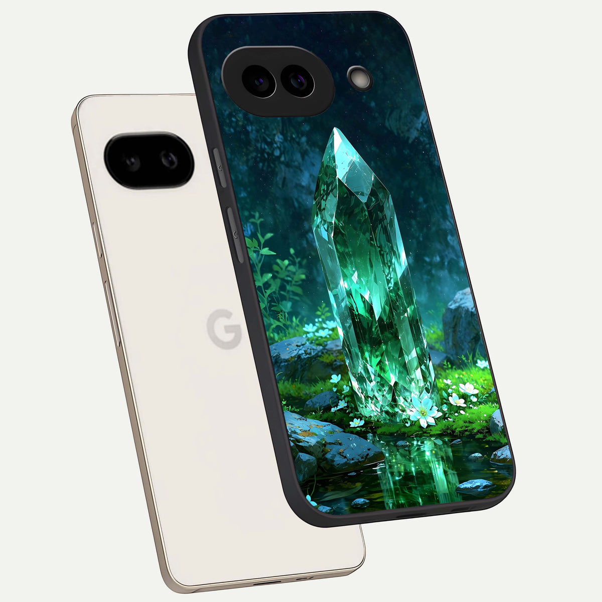  Emerald Light Crystal phone case For Google Pixel 9A showing premium glass back cover with detailed artwork
