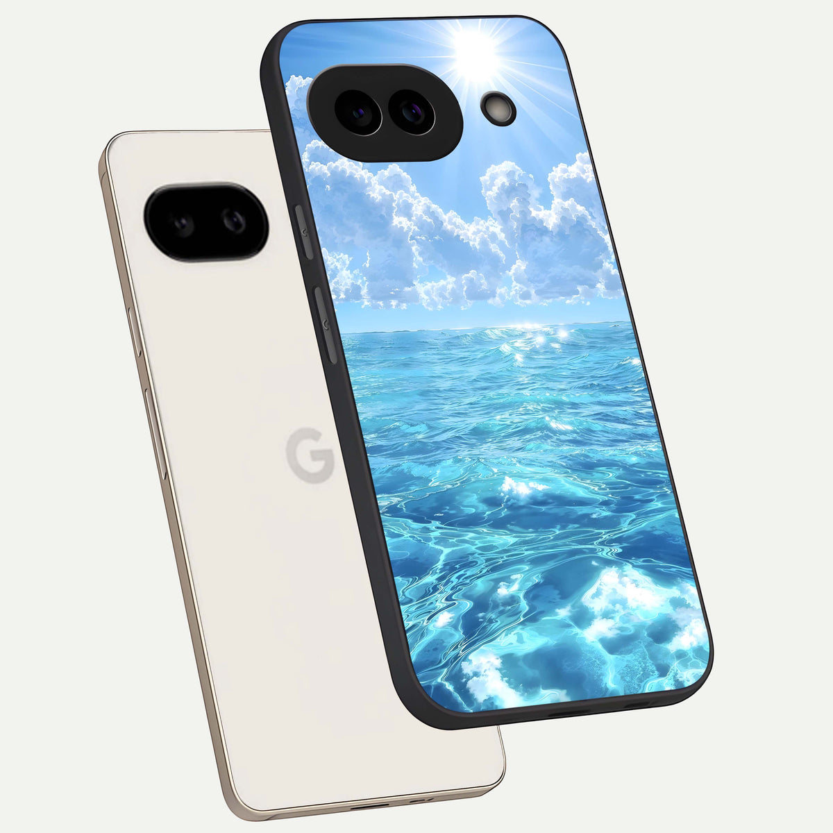  Endless Ocean Horizon phone case For Google Pixel 9A showing premium glass back cover with detailed artwork