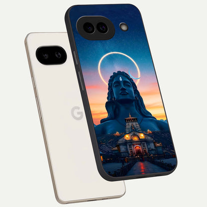  Eternal Shiva Aura phone case For Google Pixel 9A showing premium glass back cover with detailed artwork