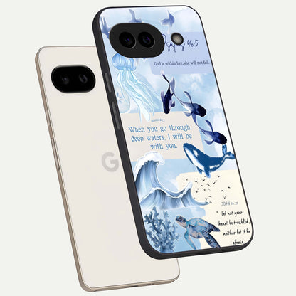  Faithful Ocean Promise phone case For Google Pixel 9A showing premium glass back cover with detailed artwork