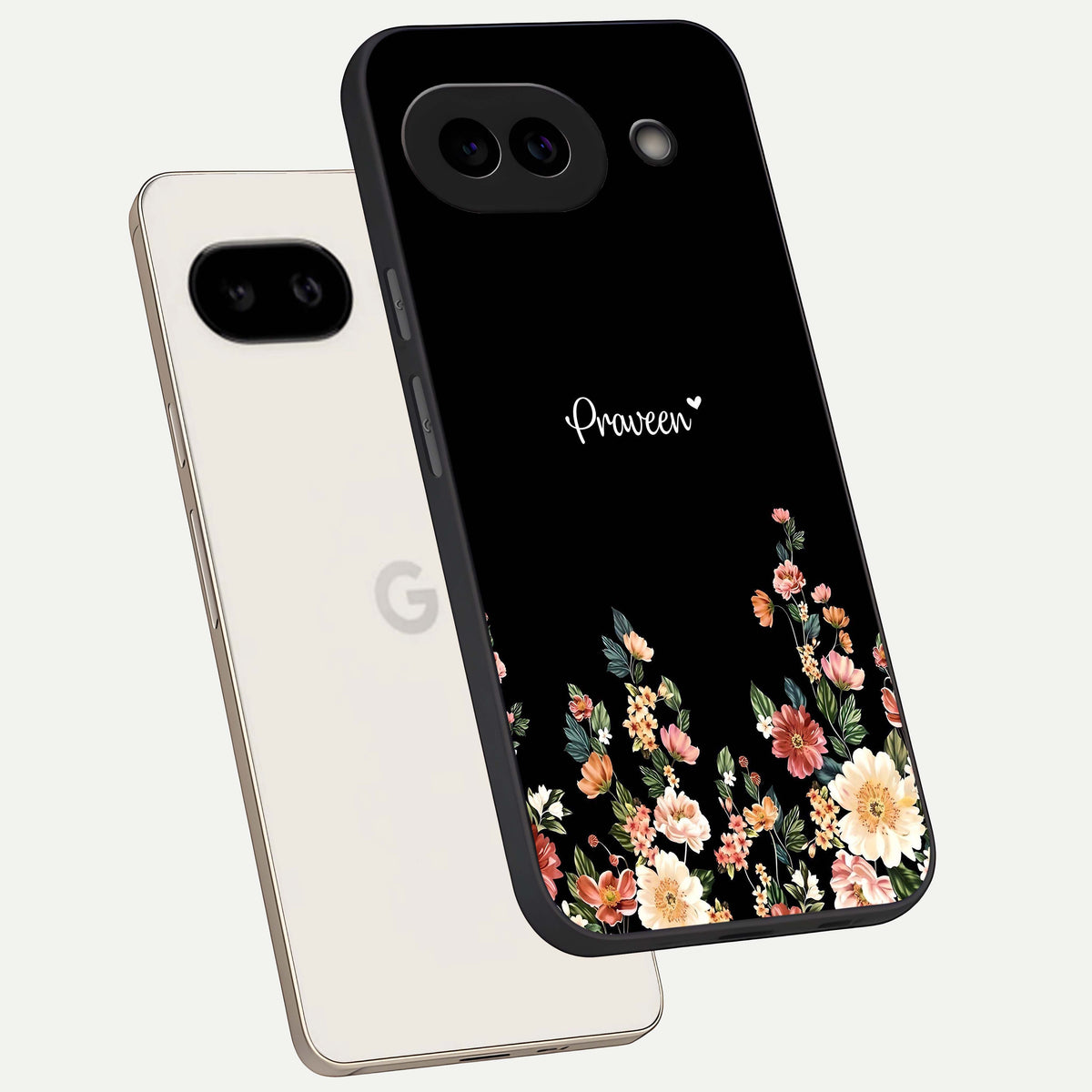  Floral Design Personalized Custom Name phone case For Google Pixel 9A showing premium glass back cover with detailed artwork