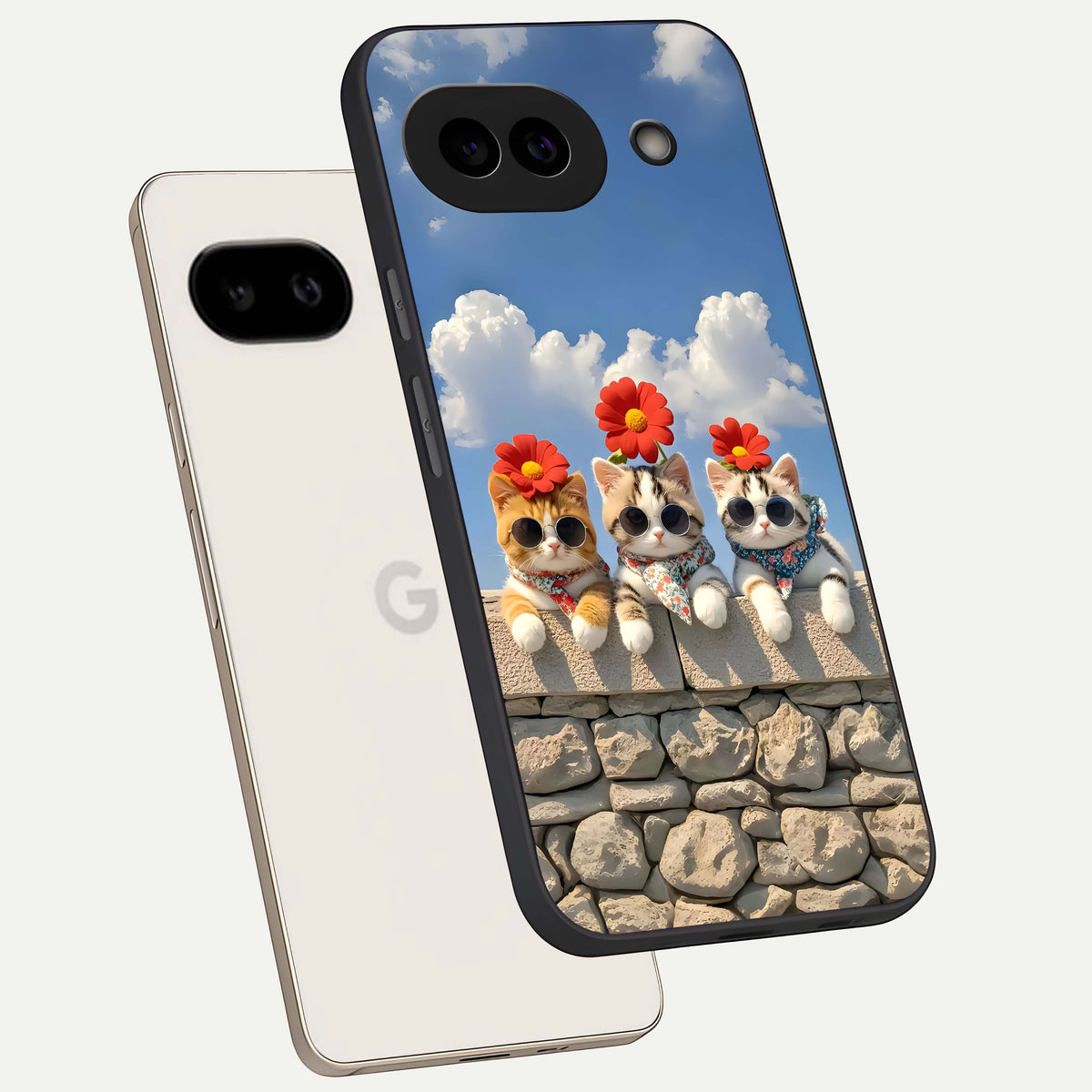  Floral Kitty Squad phone case For Google Pixel 9A showing premium glass back cover with detailed artwork