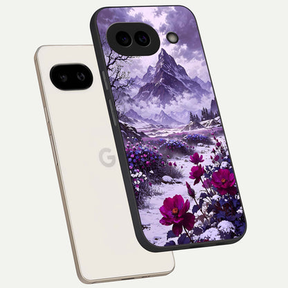  Flower Mountain View phone case For Google Pixel 9A showing premium glass back cover with detailed artwork