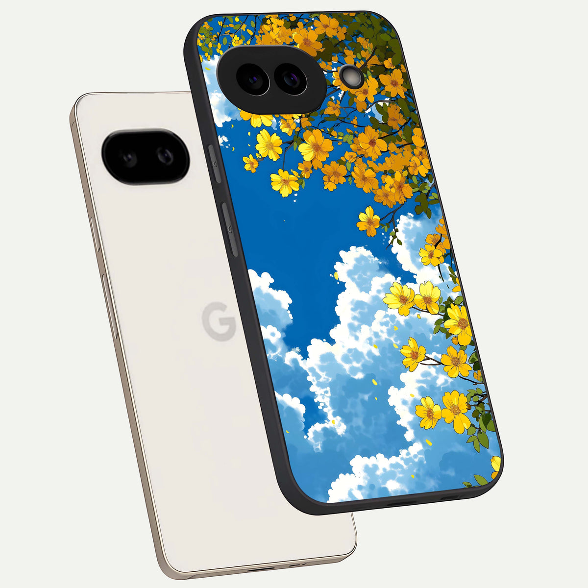  Golden Petal Sky phone case For Google Pixel 9A showing premium glass back cover with detailed artwork