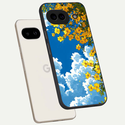  Golden Petal Sky phone case For Google Pixel 9A showing premium glass back cover with detailed artwork