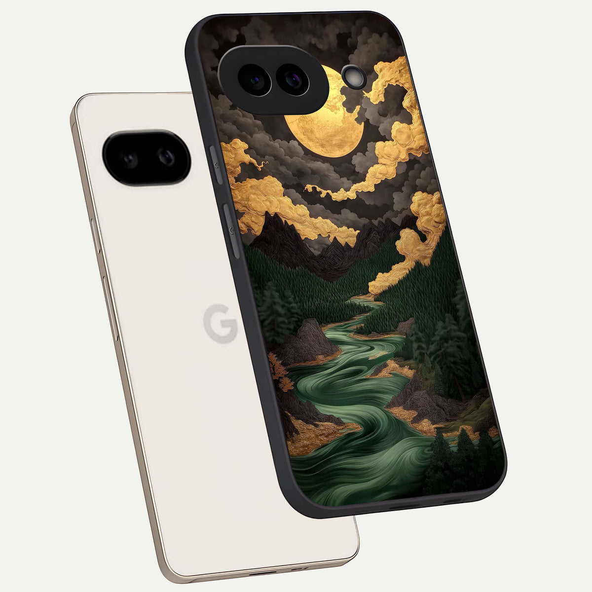  Golden River Moon phone case For Google Pixel 9A showing premium glass back cover with detailed artwork