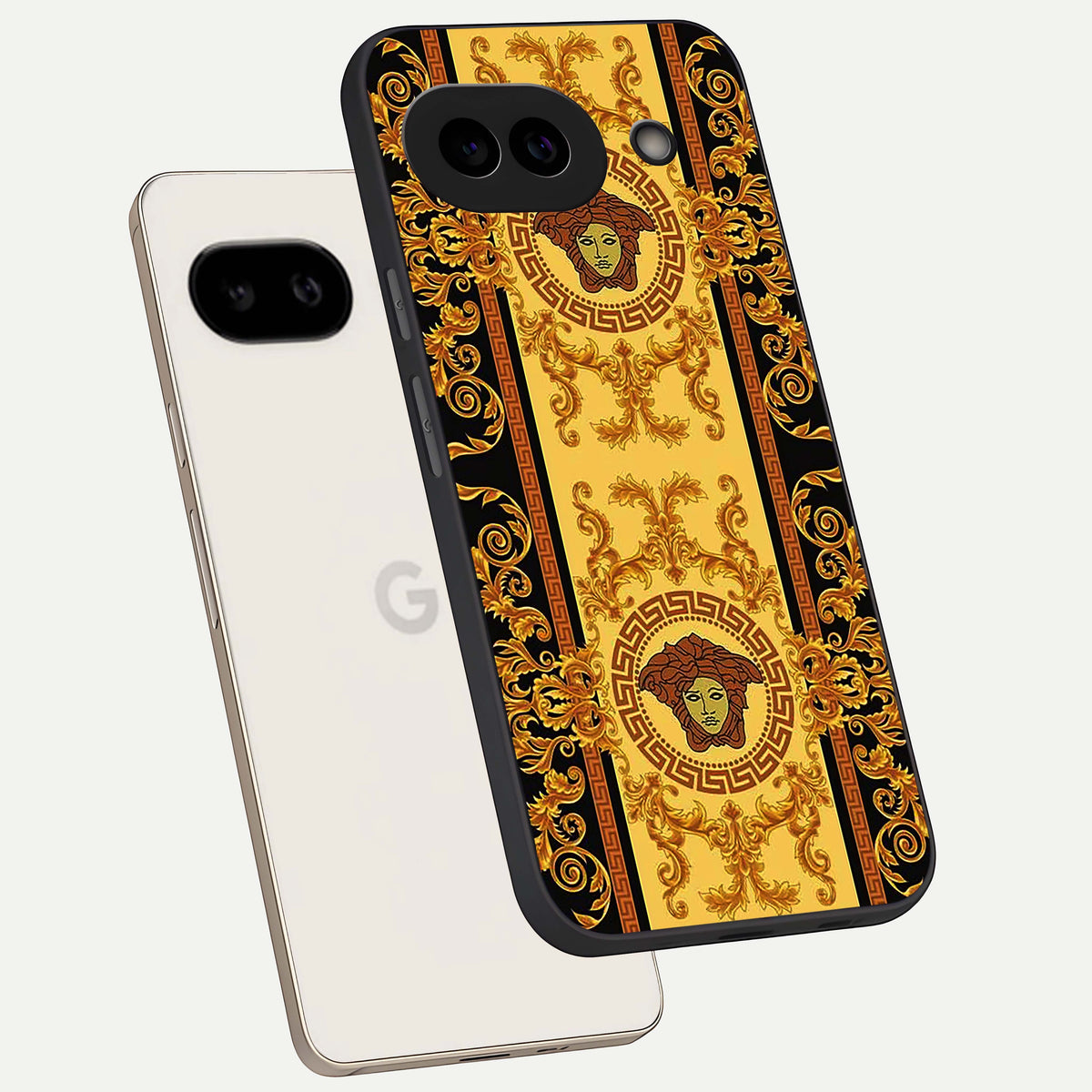  Golden Royal Heritage phone case For Google Pixel 9A showing premium glass back cover with detailed artwork