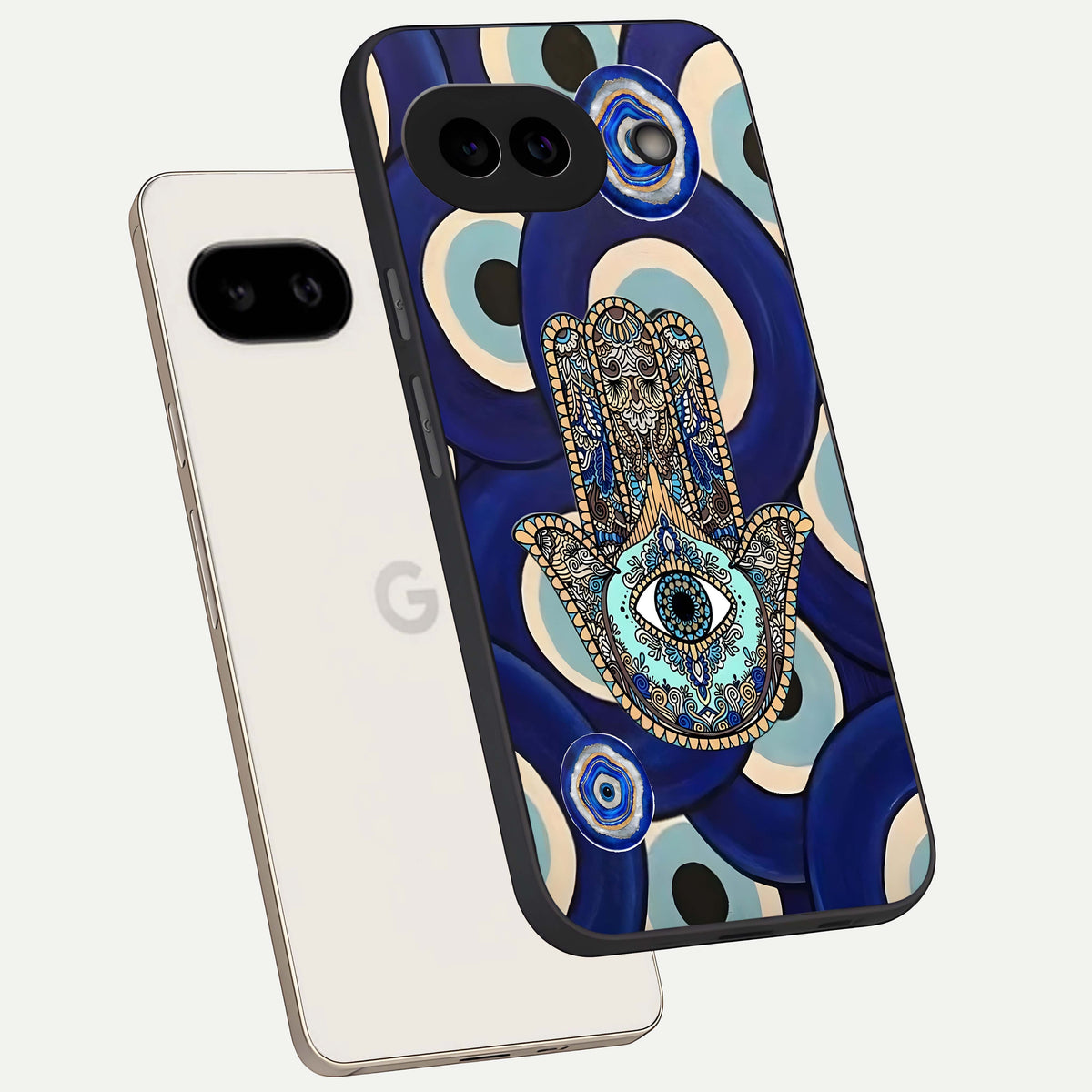  Hamsa Divine Guard phone case For Google Pixel 9A showing premium glass back cover with detailed artwork
