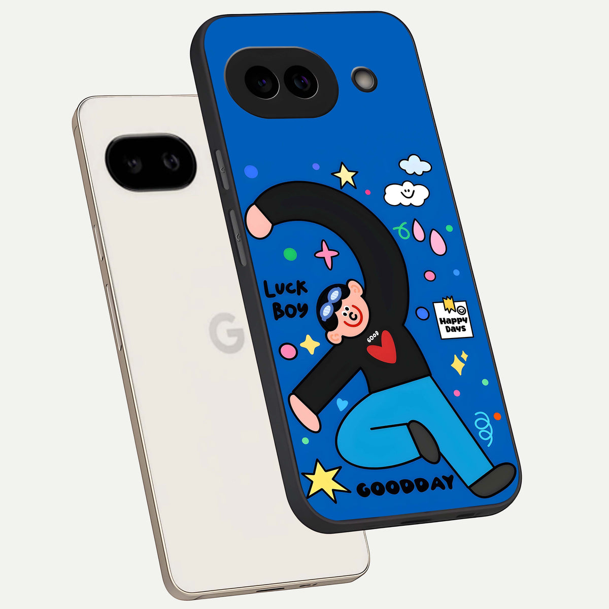  Happy Luck Vibe phone case For Google Pixel 9A showing premium glass back cover with detailed artwork