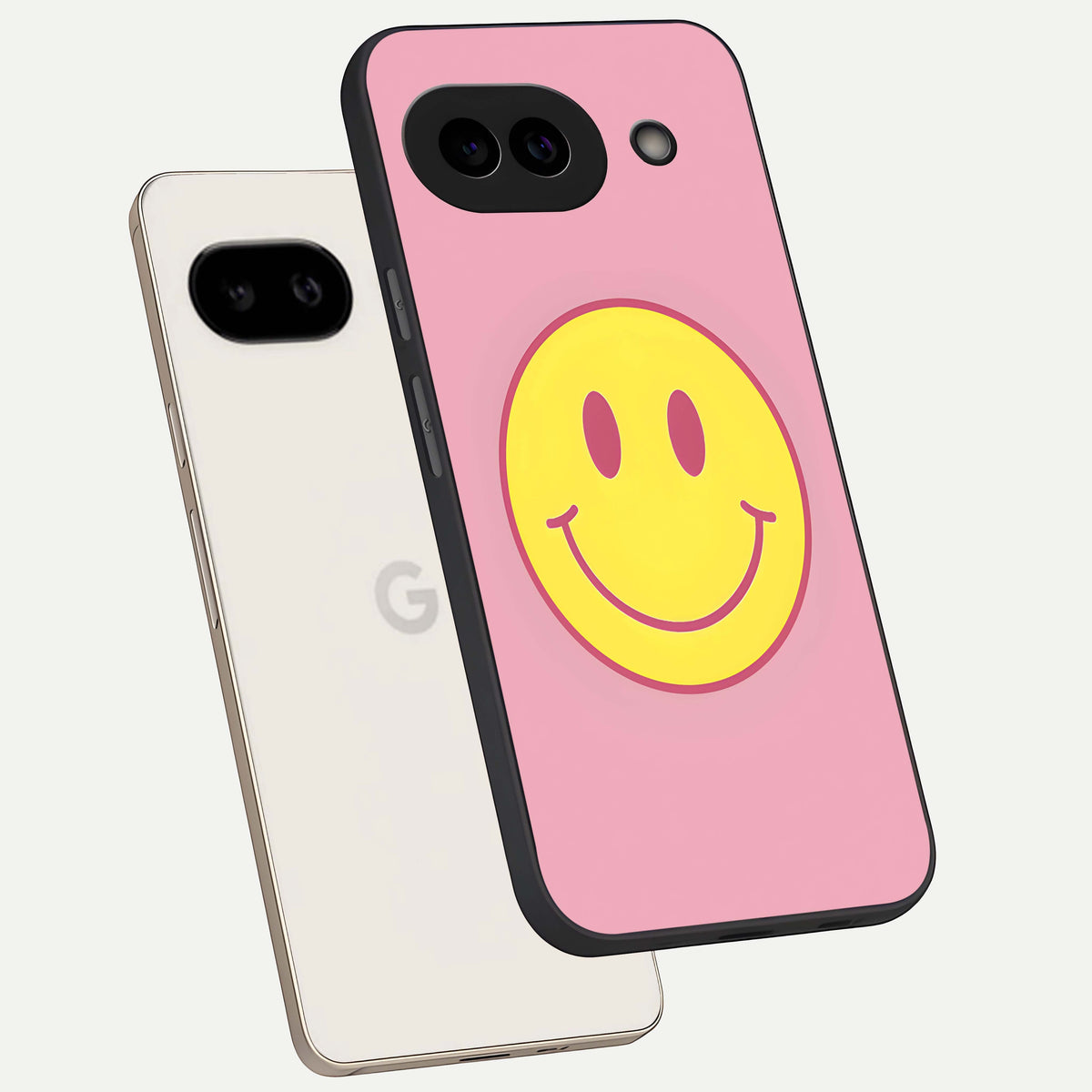 Happy Pink Mood phone case For Google Pixel 9A showing premium glass back cover with detailed artwork