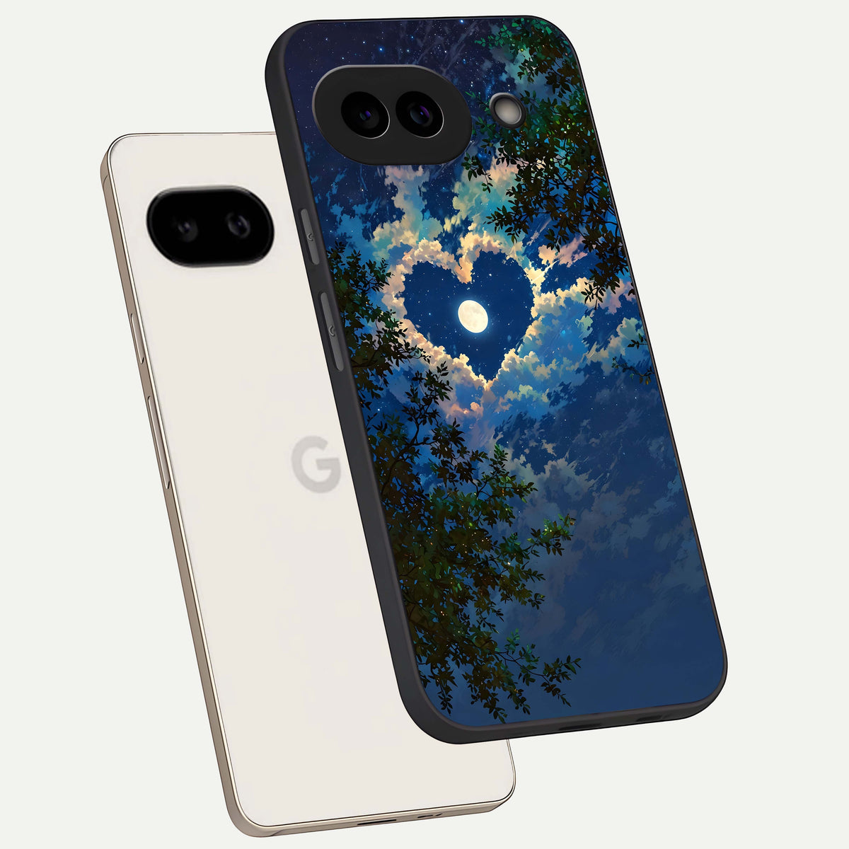  Heart With Moon Sky phone case For Google Pixel 9A showing premium glass back cover with detailed artwork
