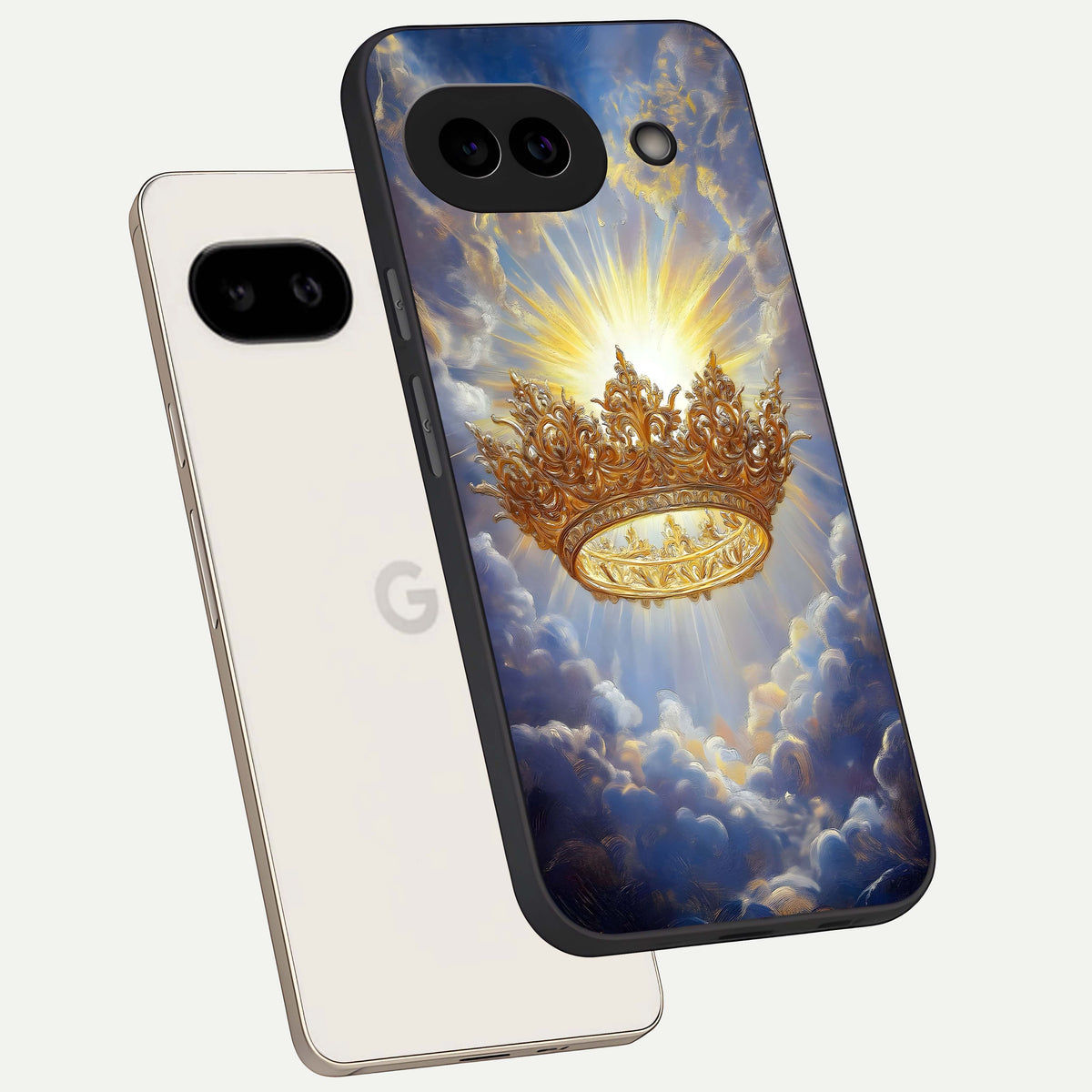  Heavenly Crown Light phone case For Google Pixel 9A showing premium glass back cover with detailed artwork