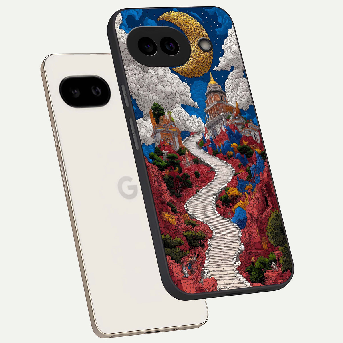  Heavenly Moon Path phone case For Google Pixel 9A showing premium glass back cover with detailed artwork