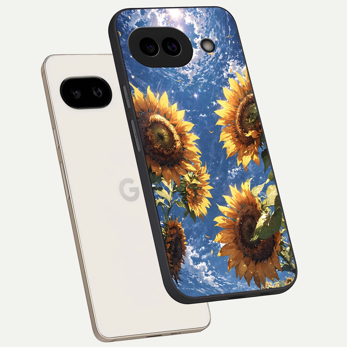  Heavenly Sunflower Rise phone case For Google Pixel 9A showing premium glass back cover with detailed artwork