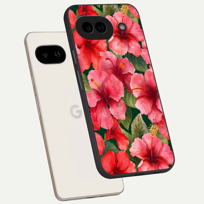  Hibiscus Pattern phone case For Google Pixel 9A showing premium glass back cover with detailed artwork