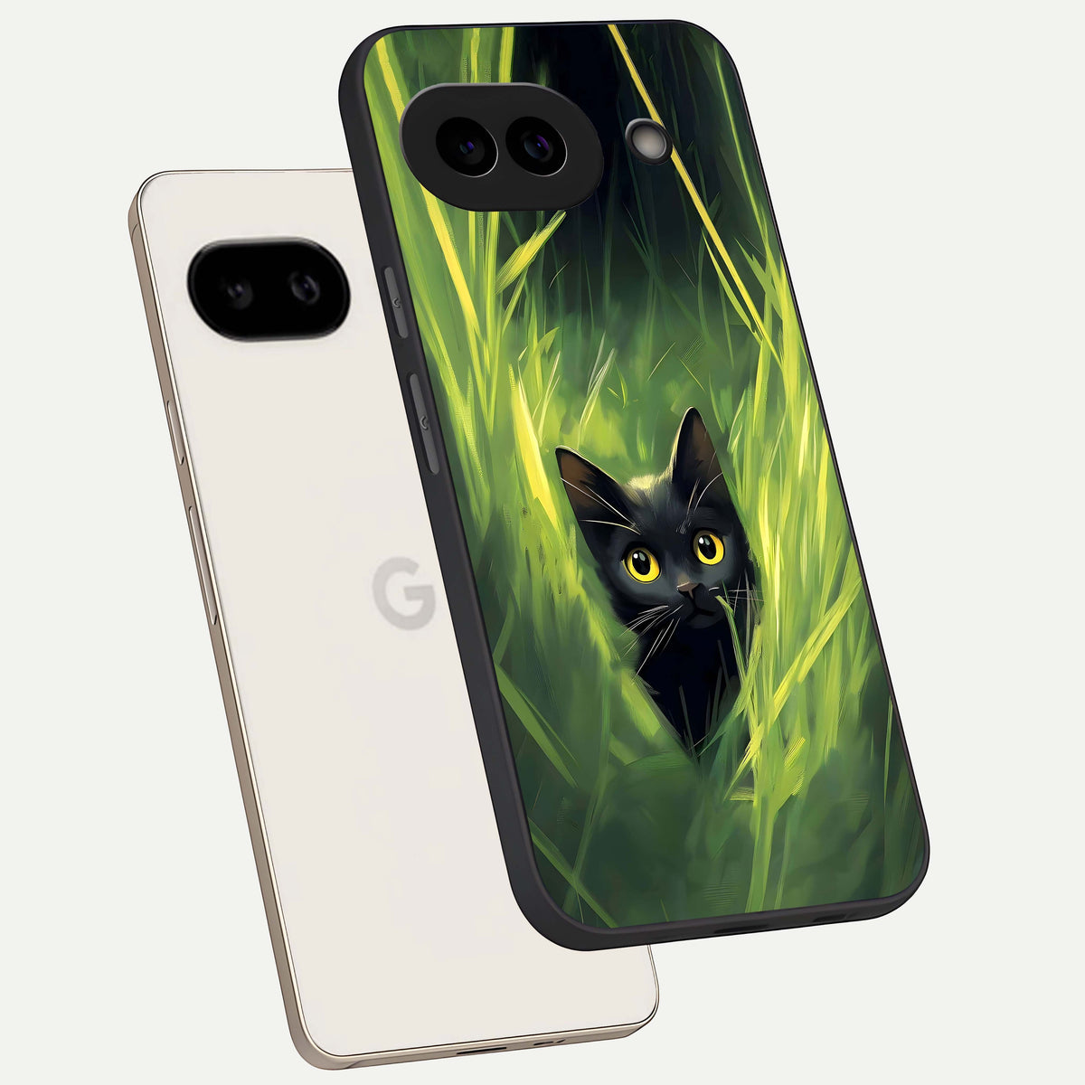  Hidden Cat Whisper phone case For Google Pixel 9A showing premium glass back cover with detailed artwork