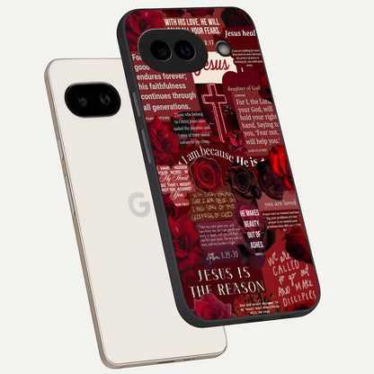  Jesus Love Heals phone case For Google Pixel 9A showing premium glass back cover with detailed artwork