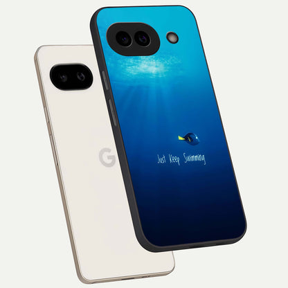  Just Keep Swimming phone case For Google Pixel 9A showing premium glass back cover with detailed artwork