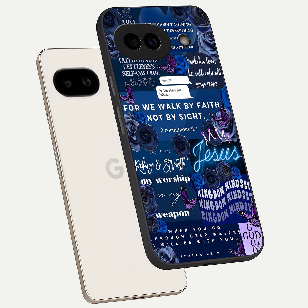  Kingdom Faith Glow phone case For Google Pixel 9A showing premium glass back cover with detailed artwork