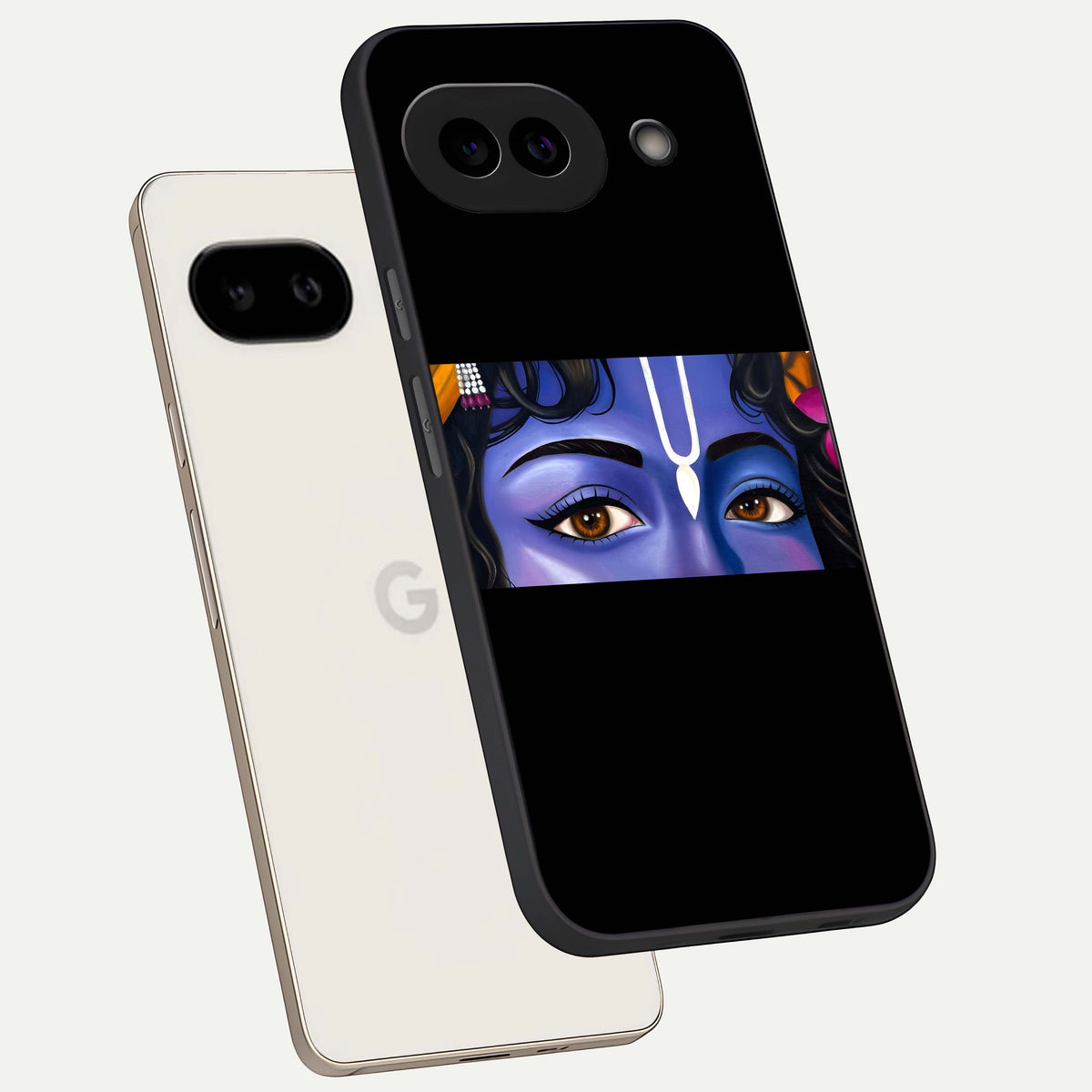  Krishna Eye phone case For Google Pixel 9A showing premium glass back cover with detailed artwork