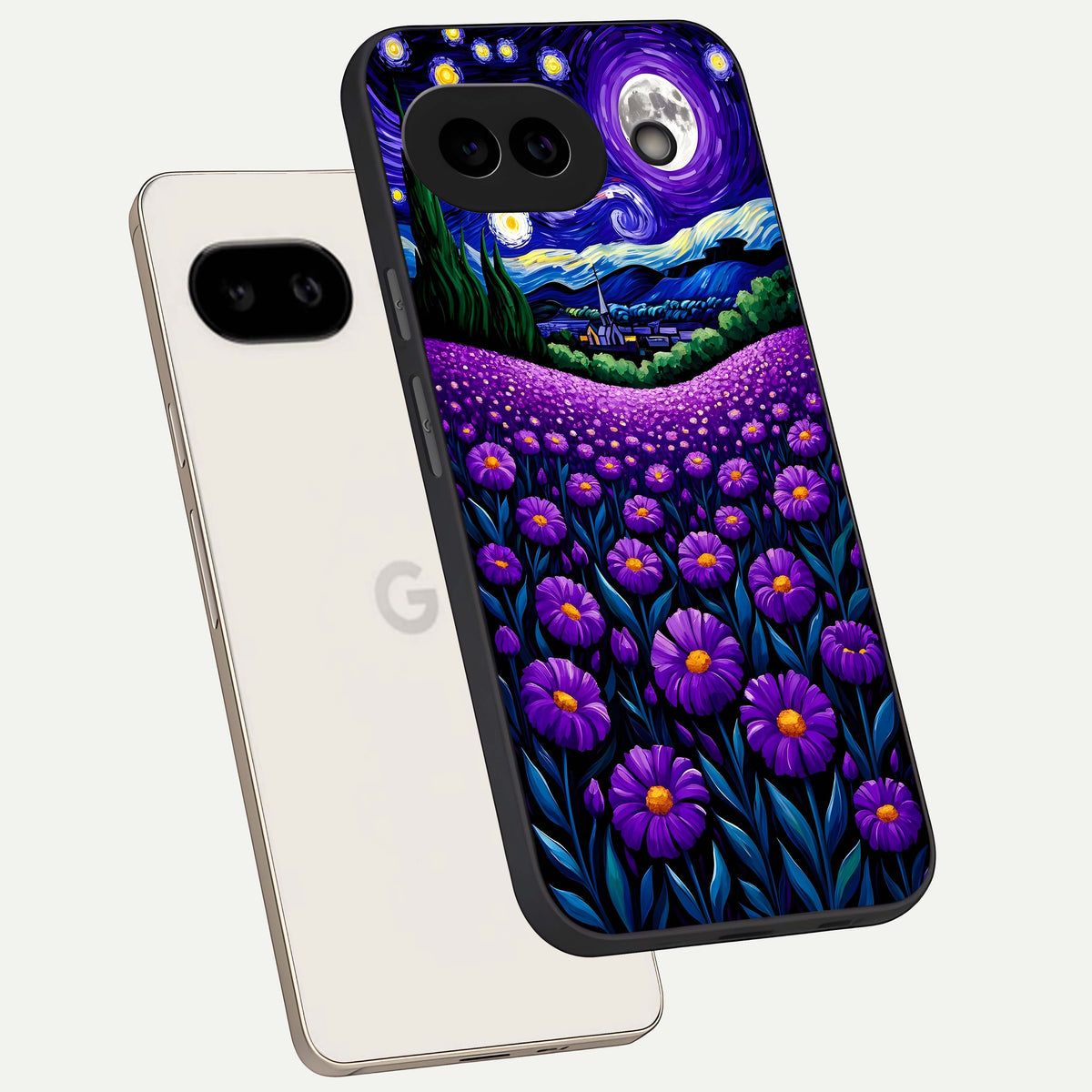  Lavender Moon Field phone case For Google Pixel 9A showing premium glass back cover with detailed artwork