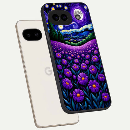  Lavender Moon Field phone case For Google Pixel 9A showing premium glass back cover with detailed artwork