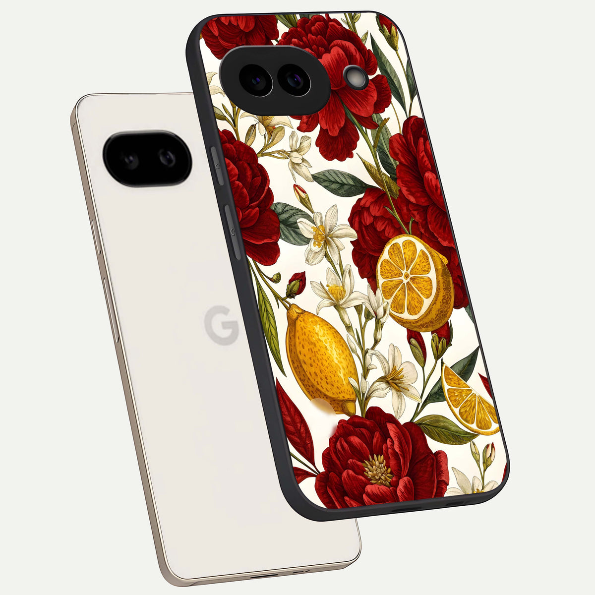  Lemon Rose Charm phone case For Google Pixel 9A showing premium glass back cover with detailed artwork