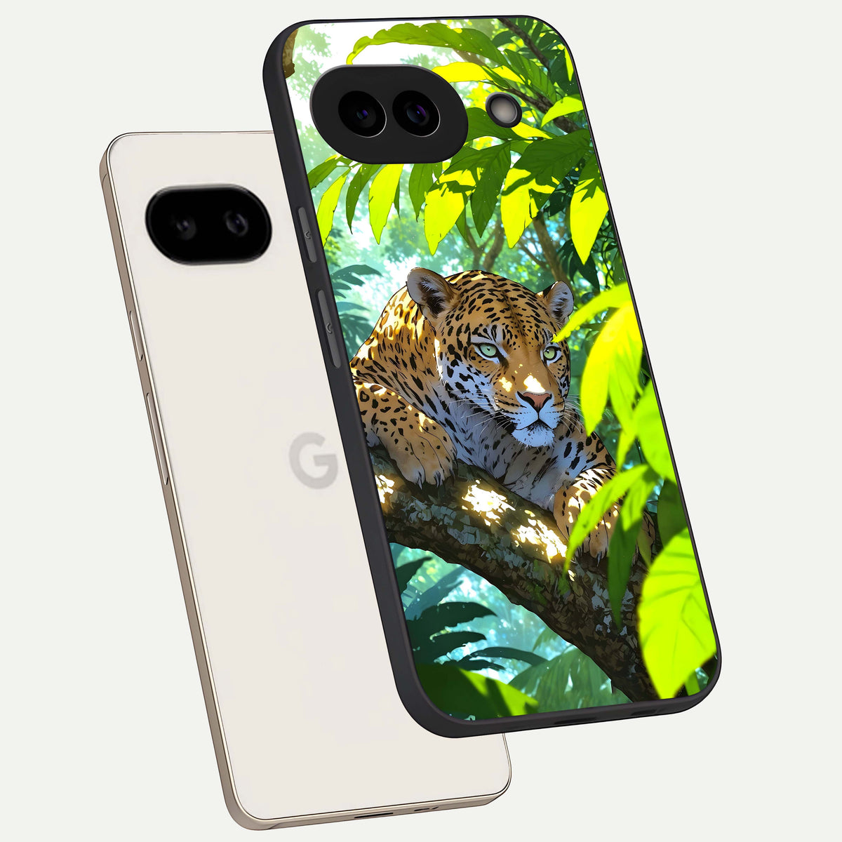 Leopard in Jungle phone case For Google Pixel 9A showing premium glass back cover with detailed artwork