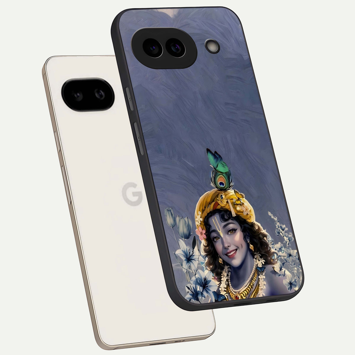  Lord Krishna phone case For Google Pixel 9A showing premium glass back cover with detailed artwork