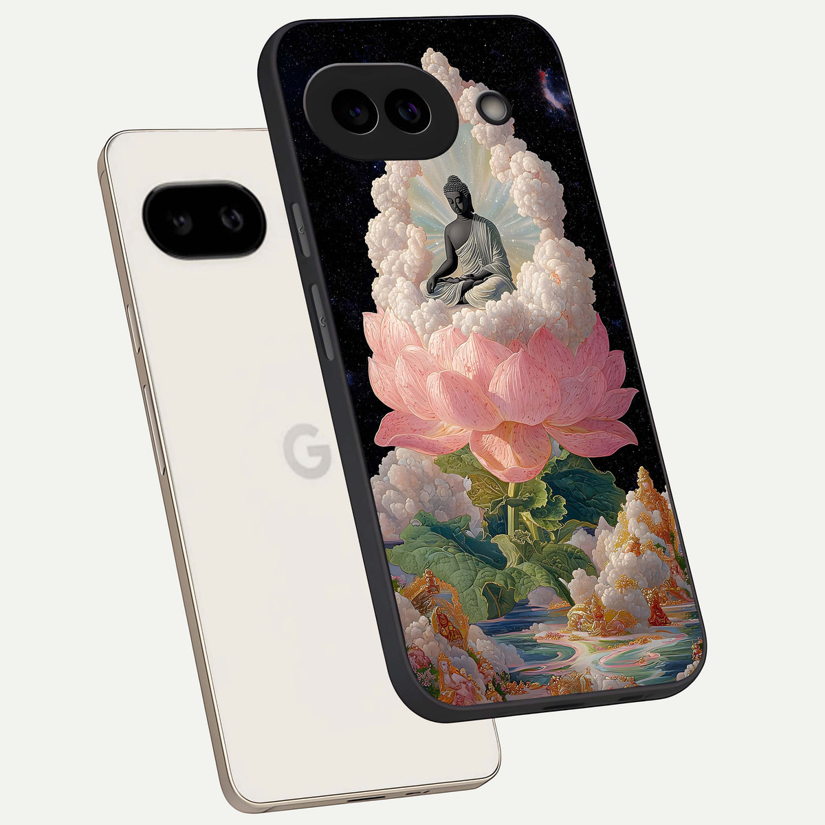  Lotus Divine Peace phone case For Google Pixel 9A showing premium glass back cover with detailed artwork