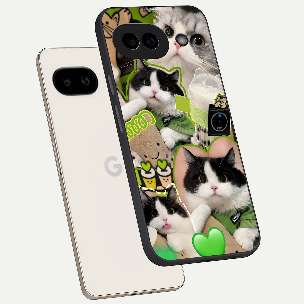  Matcha Cats Mood phone case For Google Pixel 9A showing premium glass back cover with detailed artwork