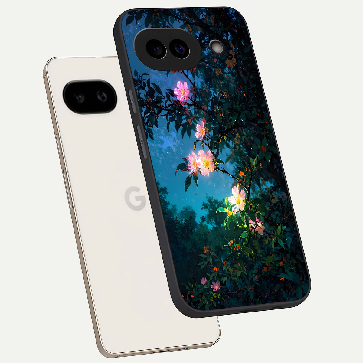  Midnight Bloom Glow phone case For Google Pixel 9A showing premium glass back cover with detailed artwork