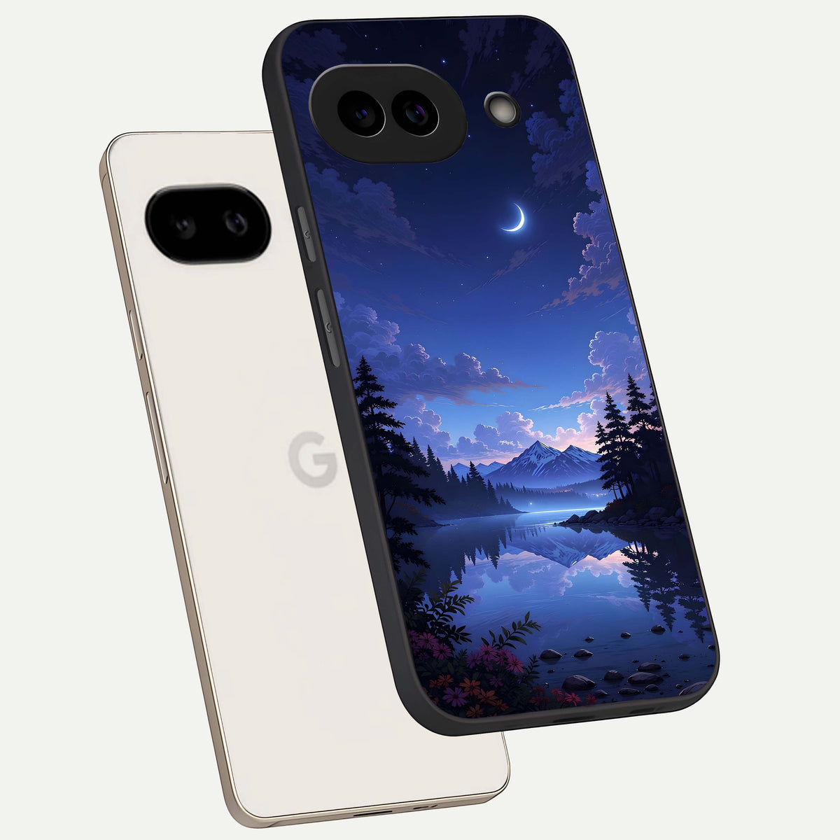  Midnight Lake Peace phone case For Google Pixel 9A showing premium glass back cover with detailed artwork