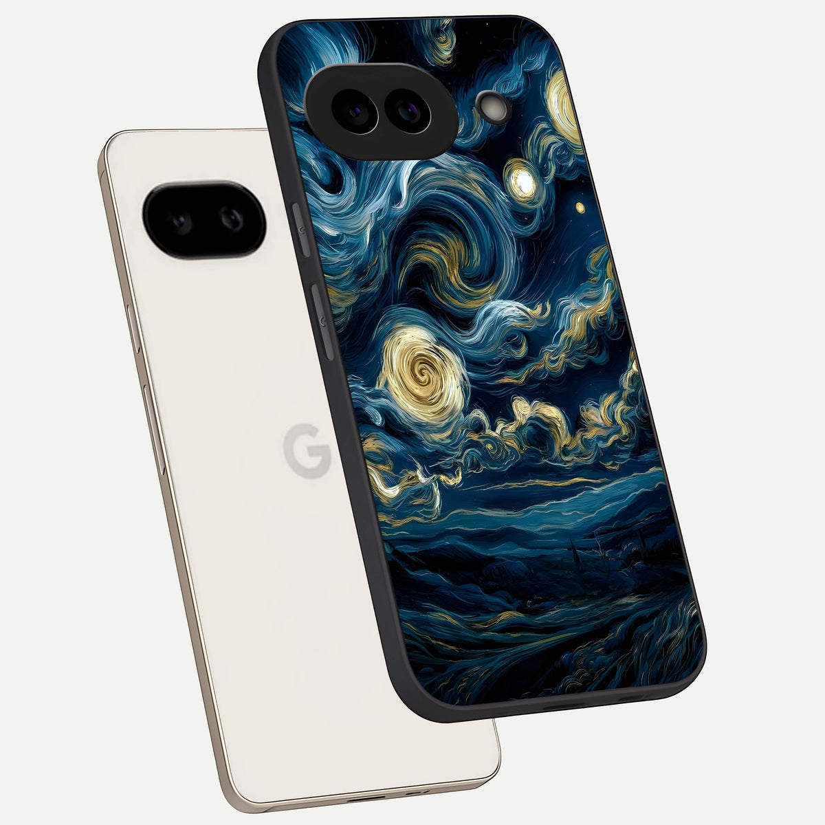  Midnight Sky Whirl phone case For Google Pixel 9A showing premium glass back cover with detailed artwork