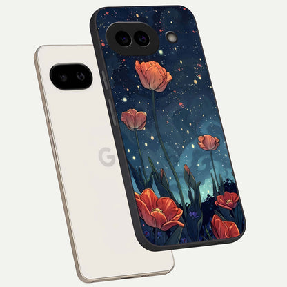  Midnight Tulip Glow phone case For Google Pixel 9A showing premium glass back cover with detailed artwork