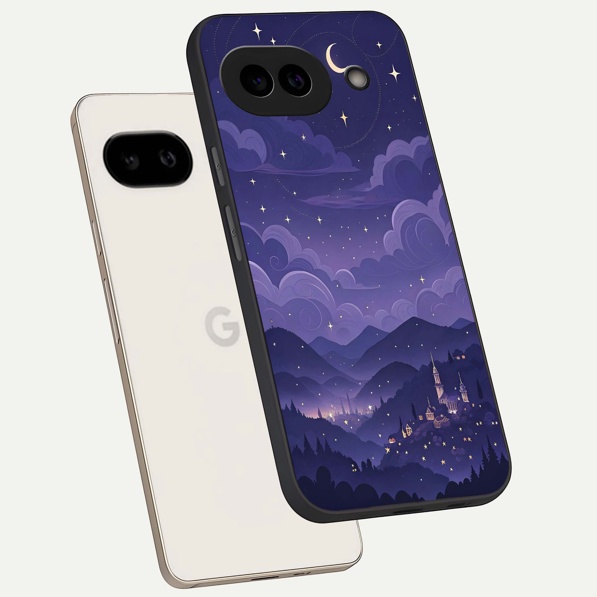  Minimal Night View phone case For Google Pixel 9A showing premium glass back cover with detailed artwork