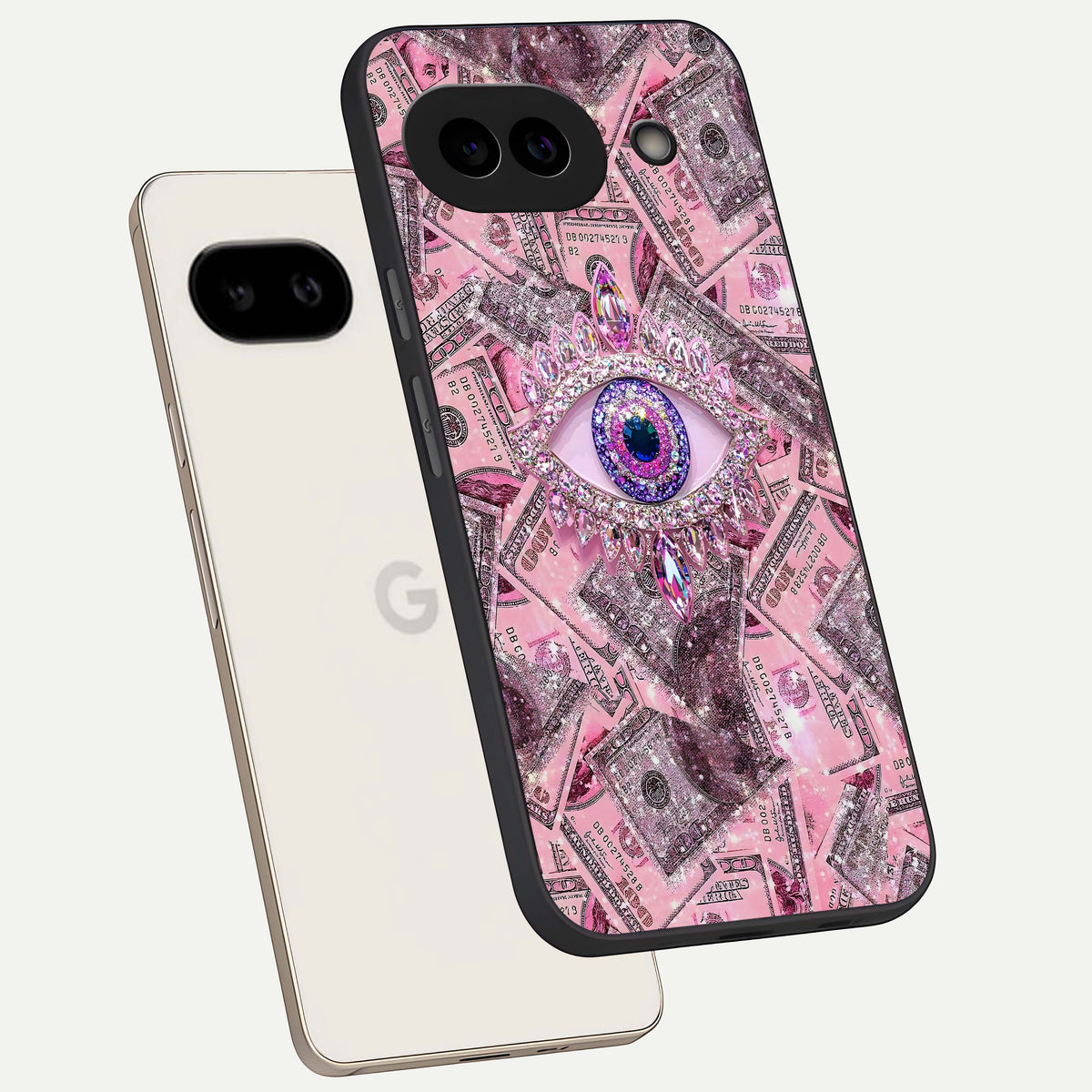  Money Eye Luxe phone case For Google Pixel 9A showing premium glass back cover with detailed artwork