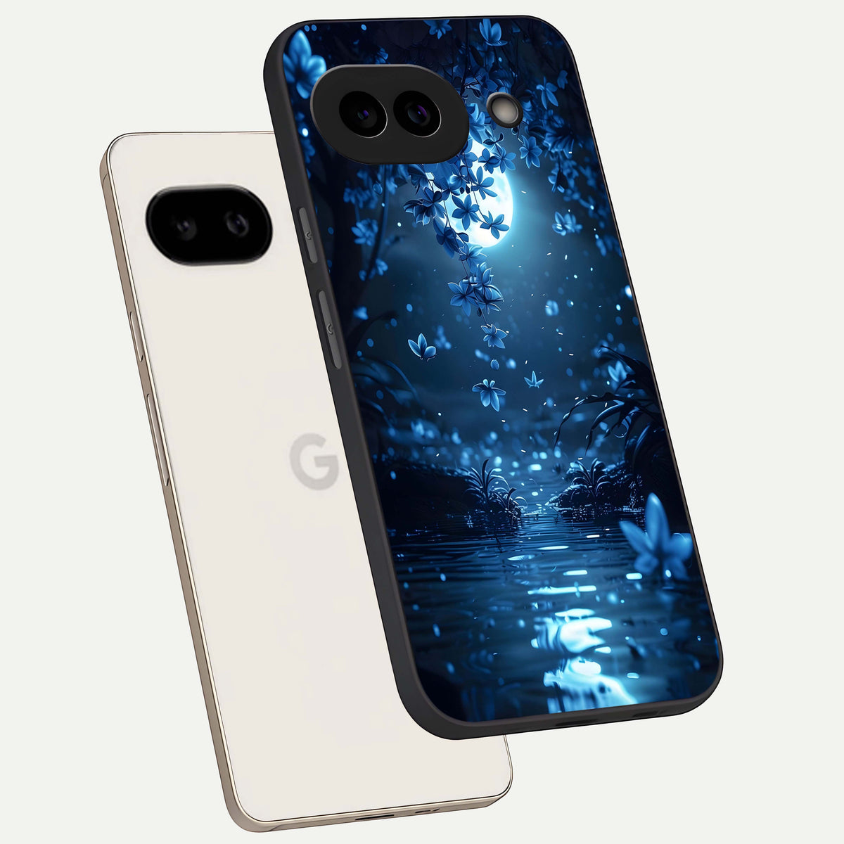  Moonlight Petal Dream phone case For Google Pixel 9A showing premium glass back cover with detailed artwork