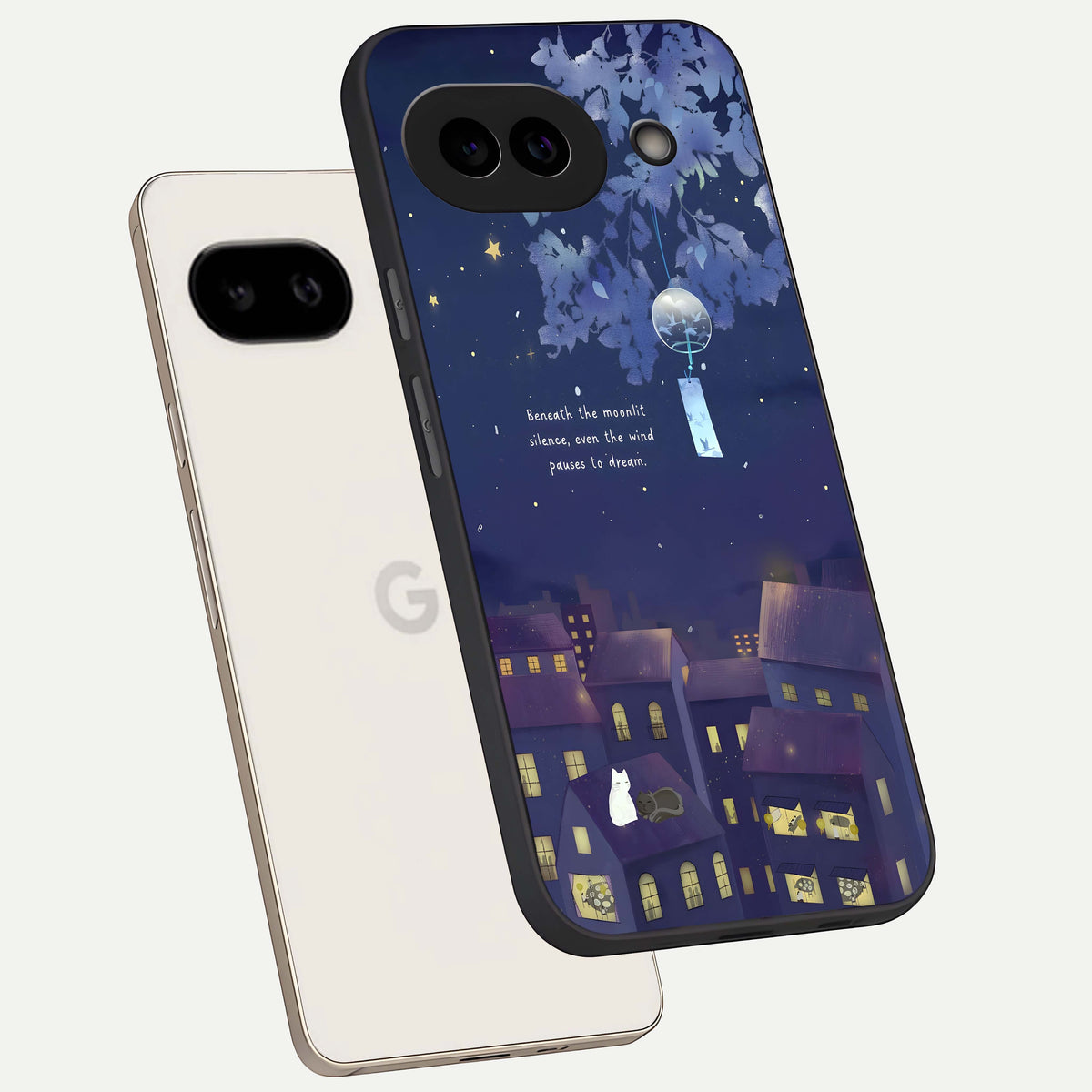  Moonlit Cat Silence phone case For Google Pixel 9A showing premium glass back cover with detailed artwork