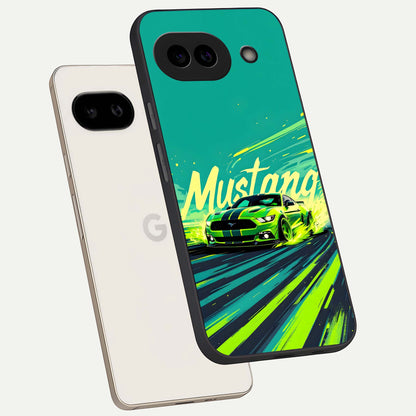  Mustang Bang phone case For Google Pixel 9A showing premium glass back cover with detailed artwork