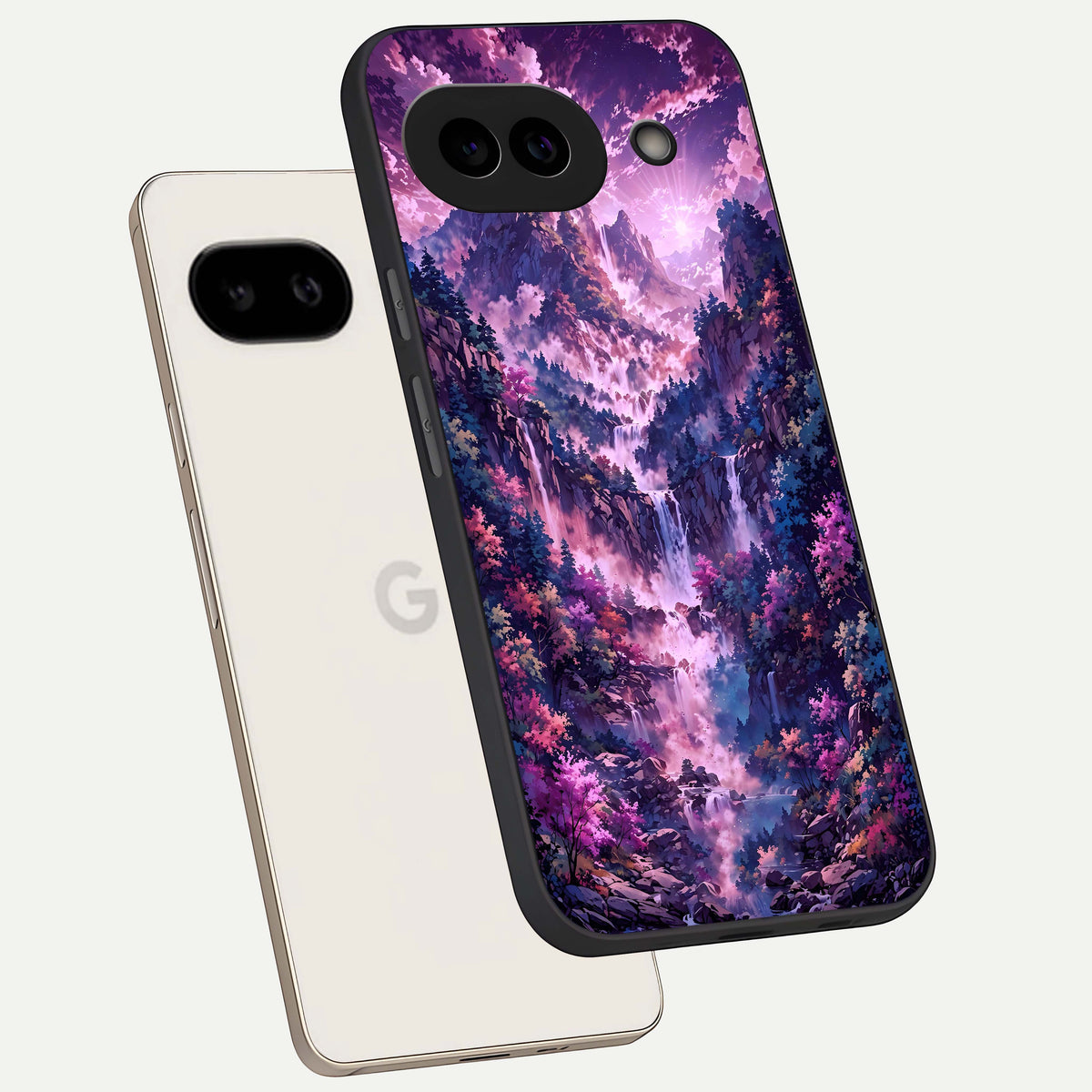  Mystic Cascade Peaks phone case For Google Pixel 9A showing premium glass back cover with detailed artwork