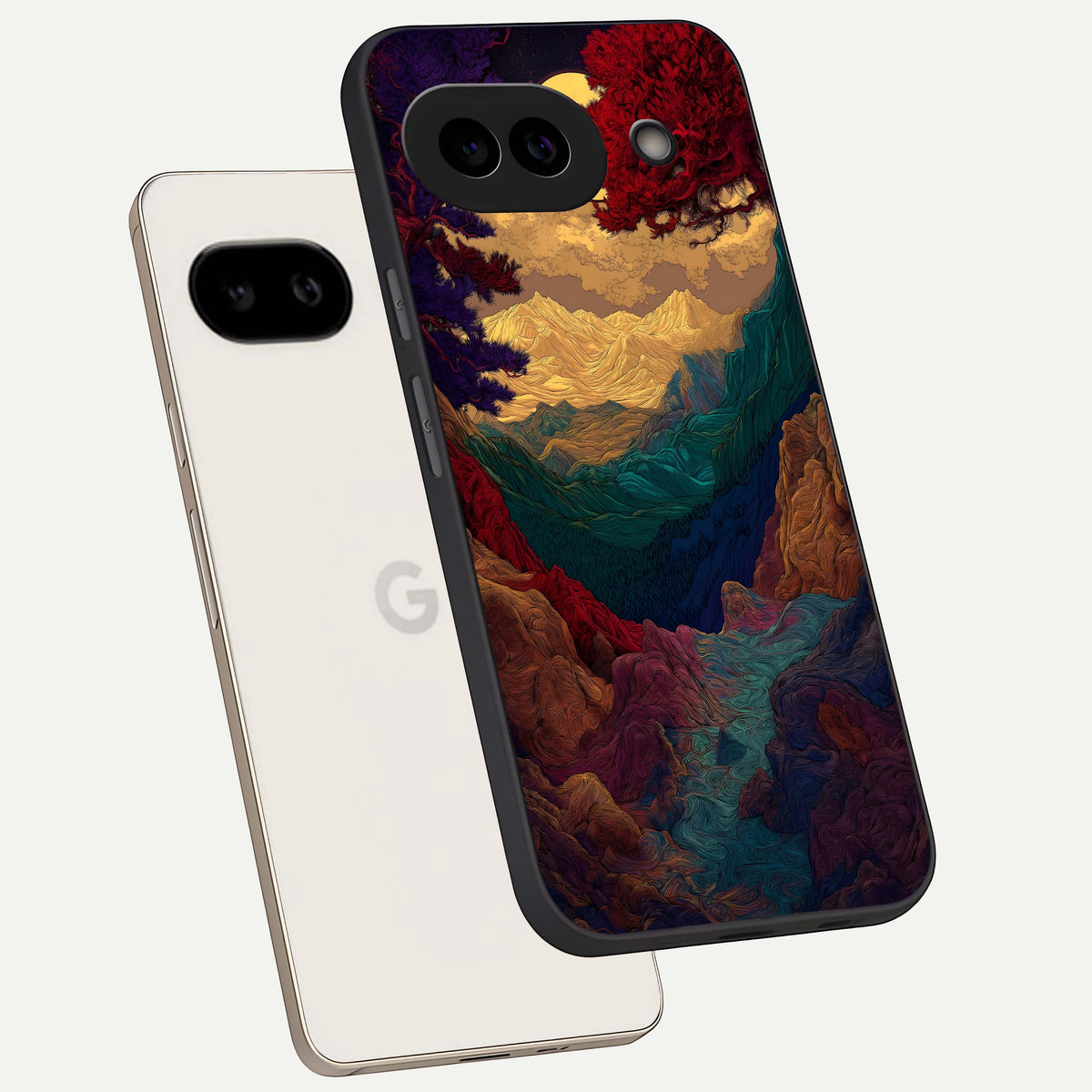  Mystic Valley Light phone case For Google Pixel 9A showing premium glass back cover with detailed artwork