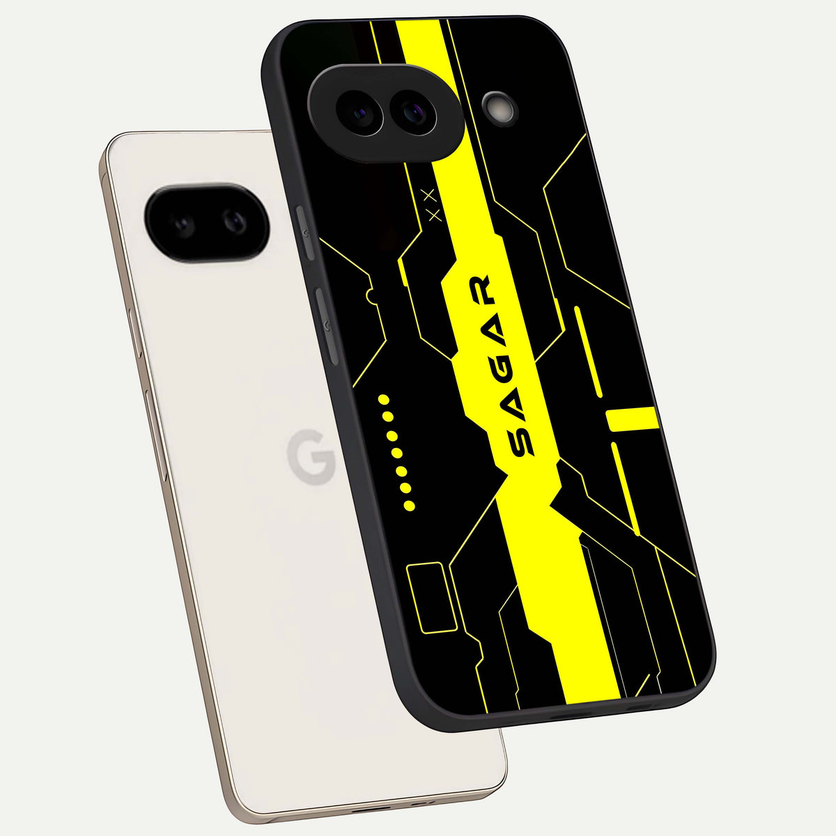  Neon CYBERPUNK Custom Name phone case For Google Pixel 9A showing premium glass back cover with detailed artwork