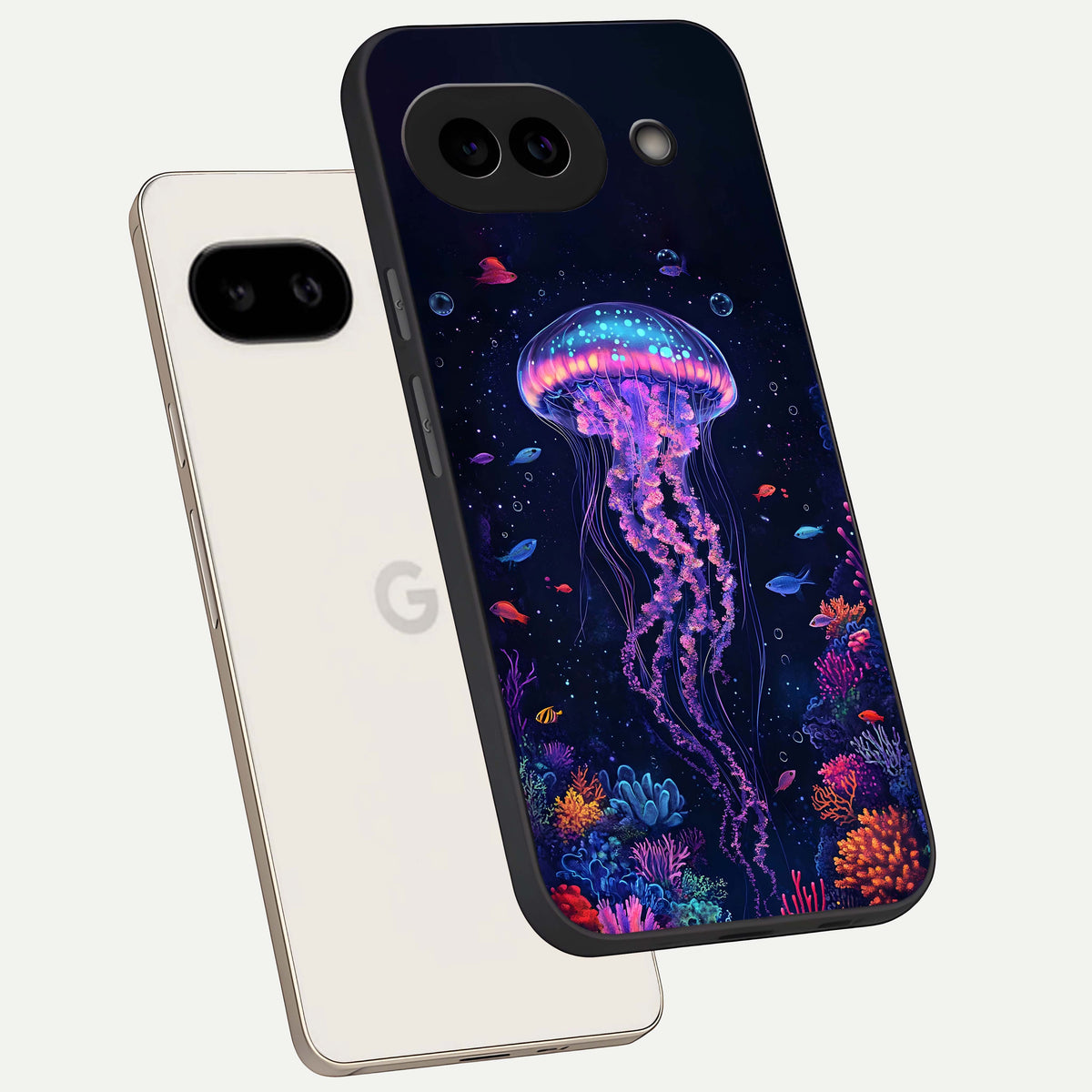  Neon Jellyfish phone case For Google Pixel 9A showing premium glass back cover with detailed artwork